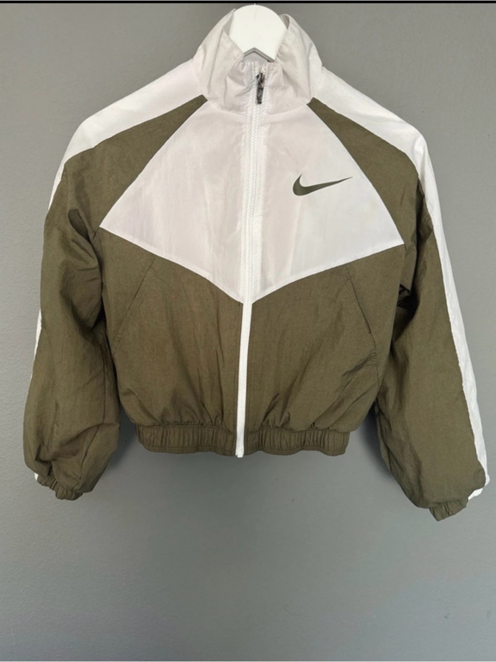 Y2K Nike Olive Green & White Cropped Bomber Jacket